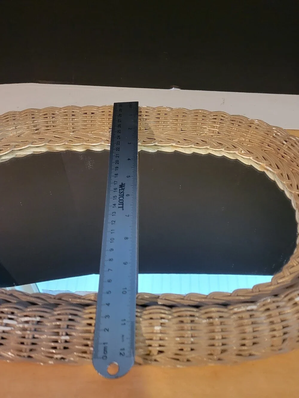 Vtg Taupe Wicker Oval Mirror Cottage Shabby Chic Vanity Lake House 18”x12”